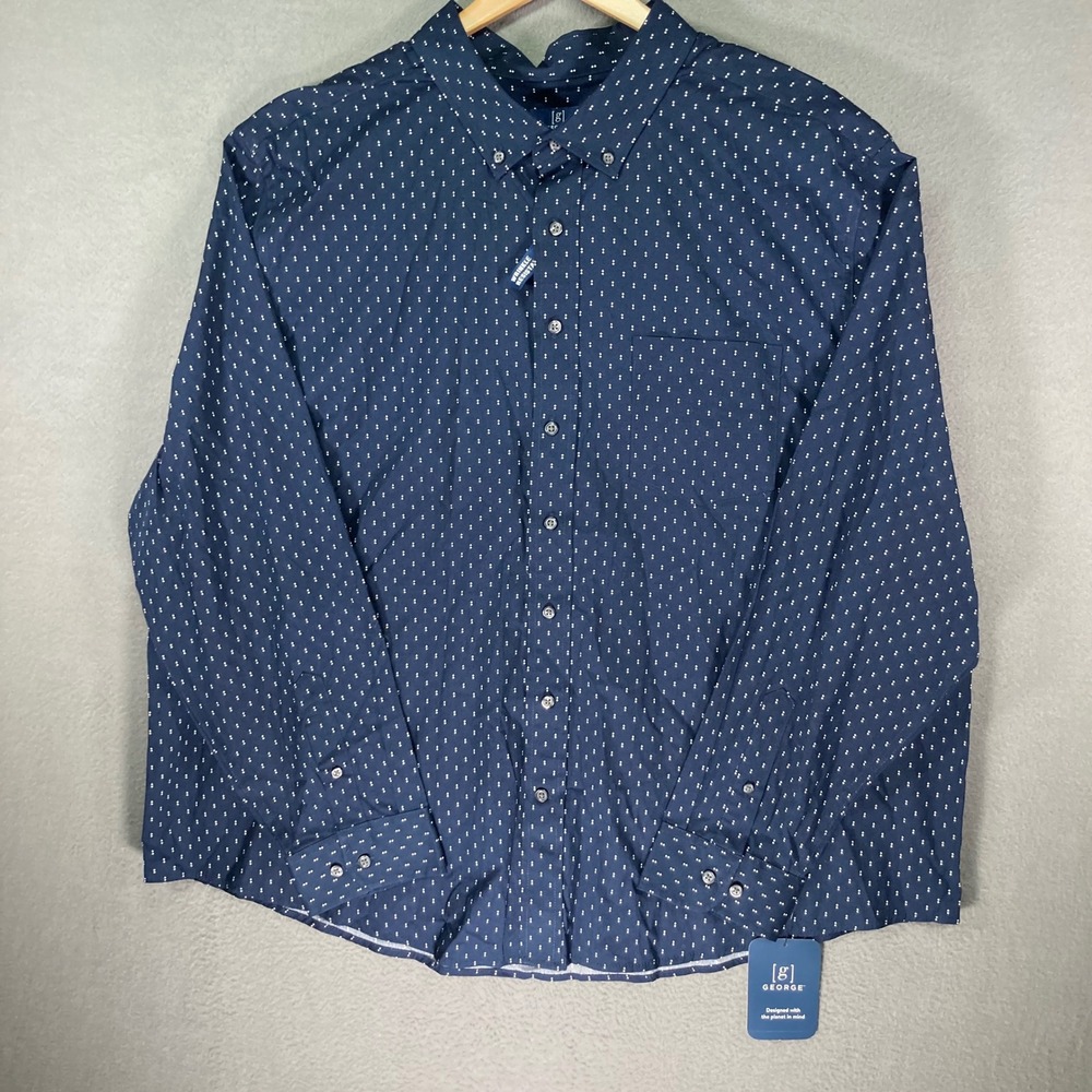 George Mens Shirt 3XL Navy Blue Micro Dot Button Up Long Sleeve Casual New NWT